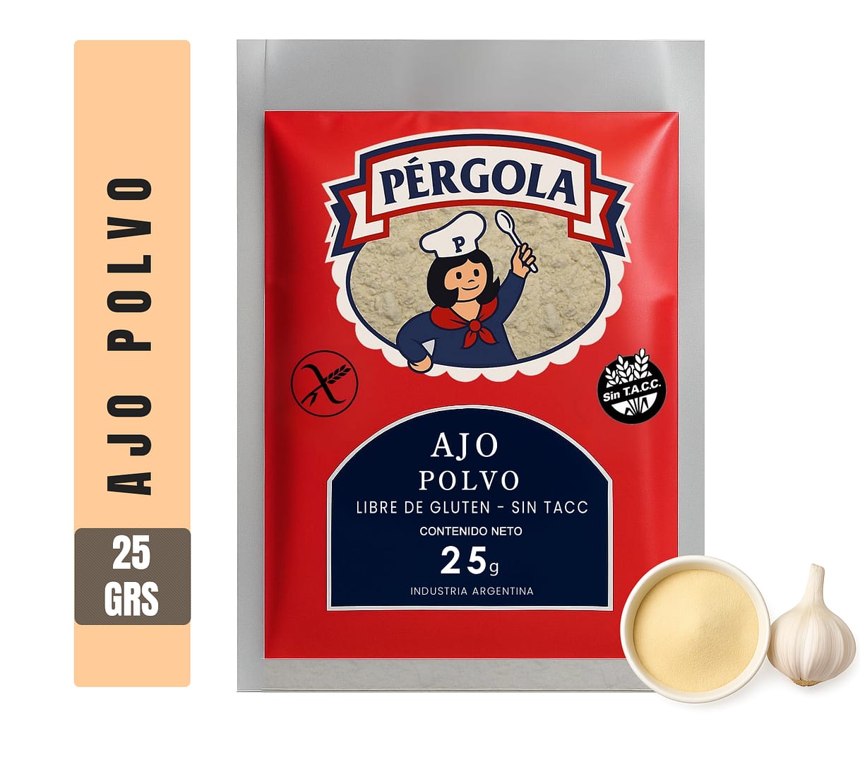 Ajo polvo deshidratad de sabor intenso y aroma único. Antioxidante natural, ideal para adobos, sopas, salsas, carnes y ensaladas.